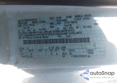 2010 Ford E-250 Commercial/Recreational z USA, uszkodzony, nr VIN 1FTNE2EL5ADA19644